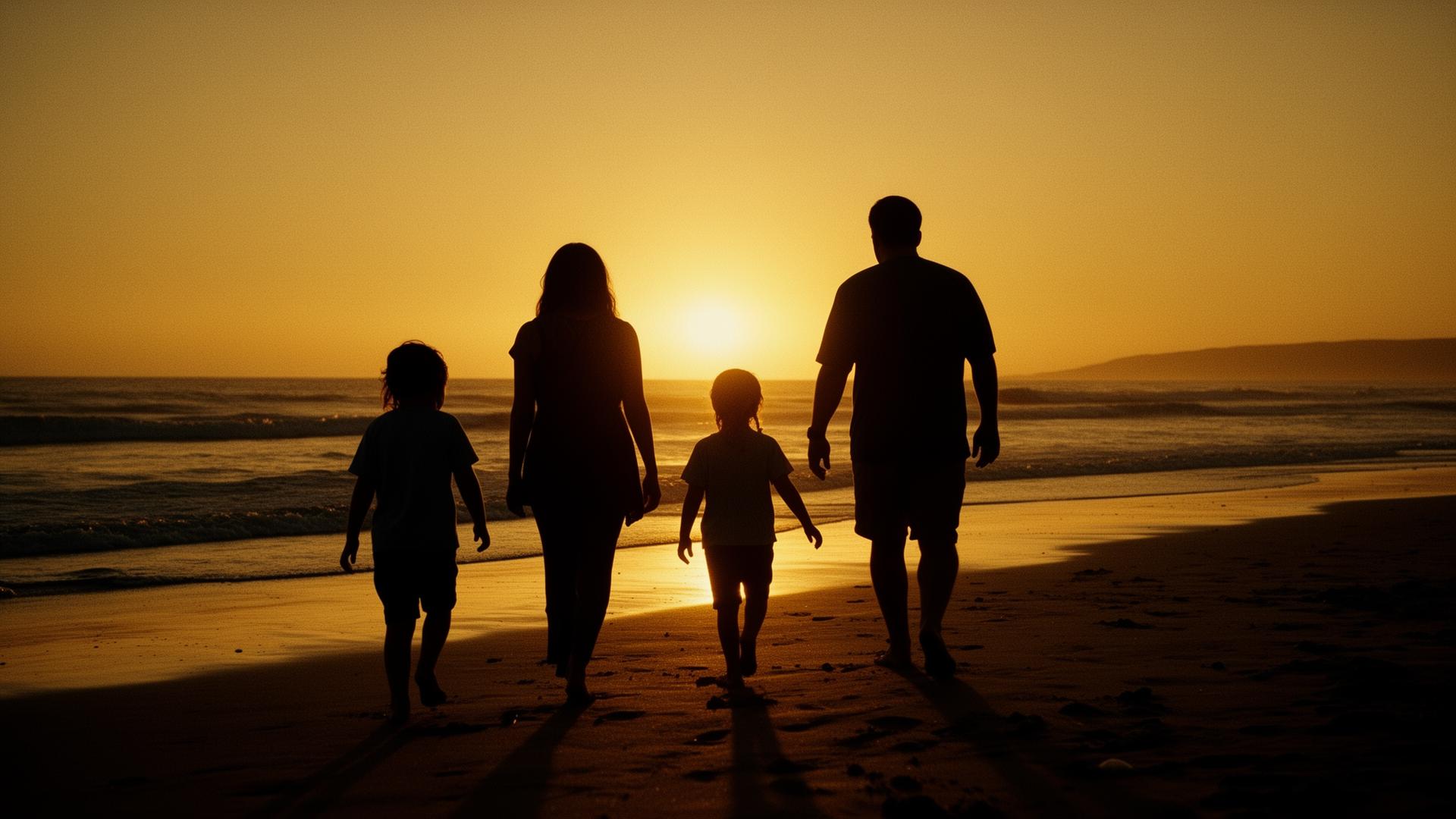 Family silhouettes walking on a beach at dusk