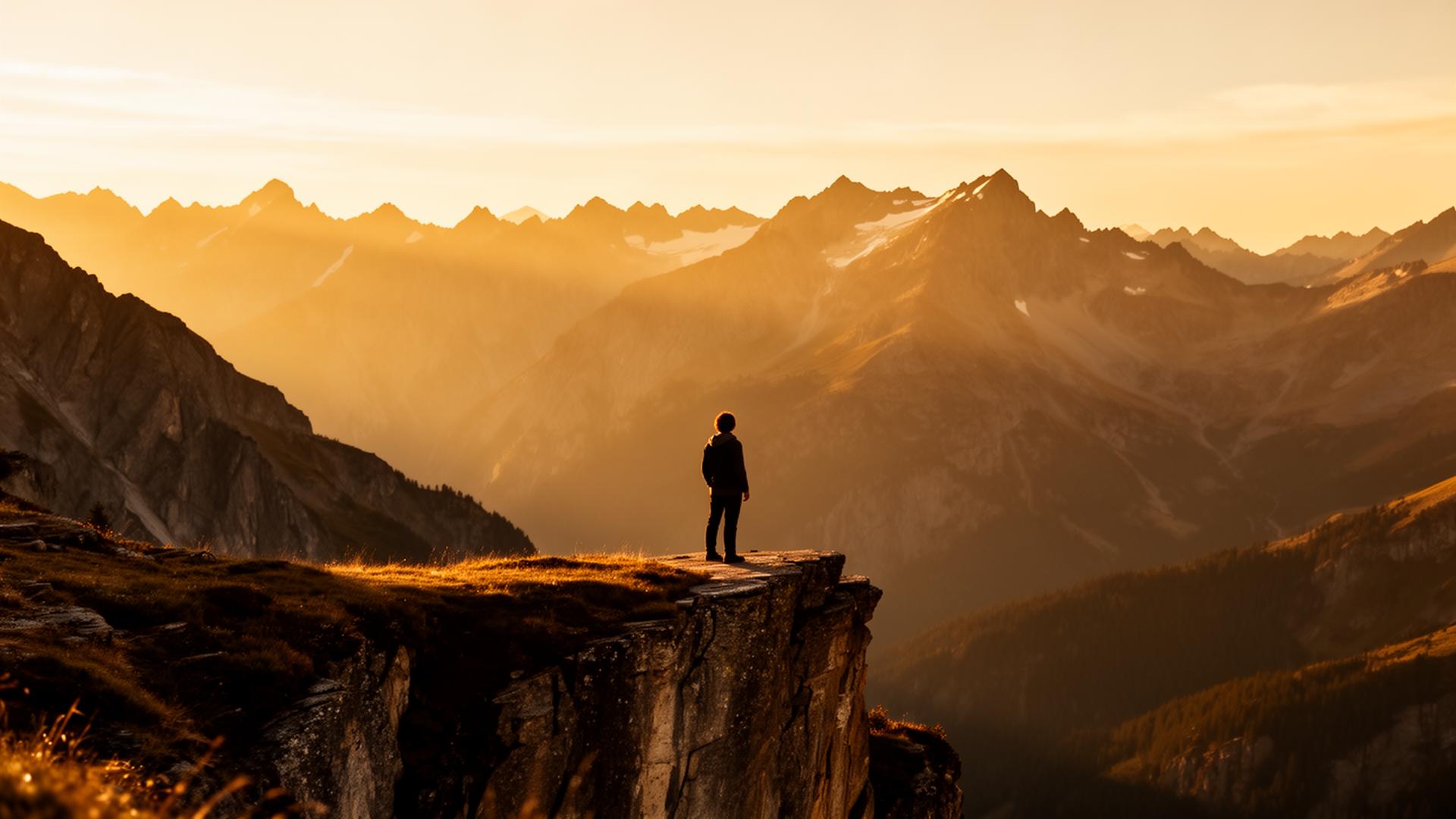 Lone figure overlooking a mountain vista